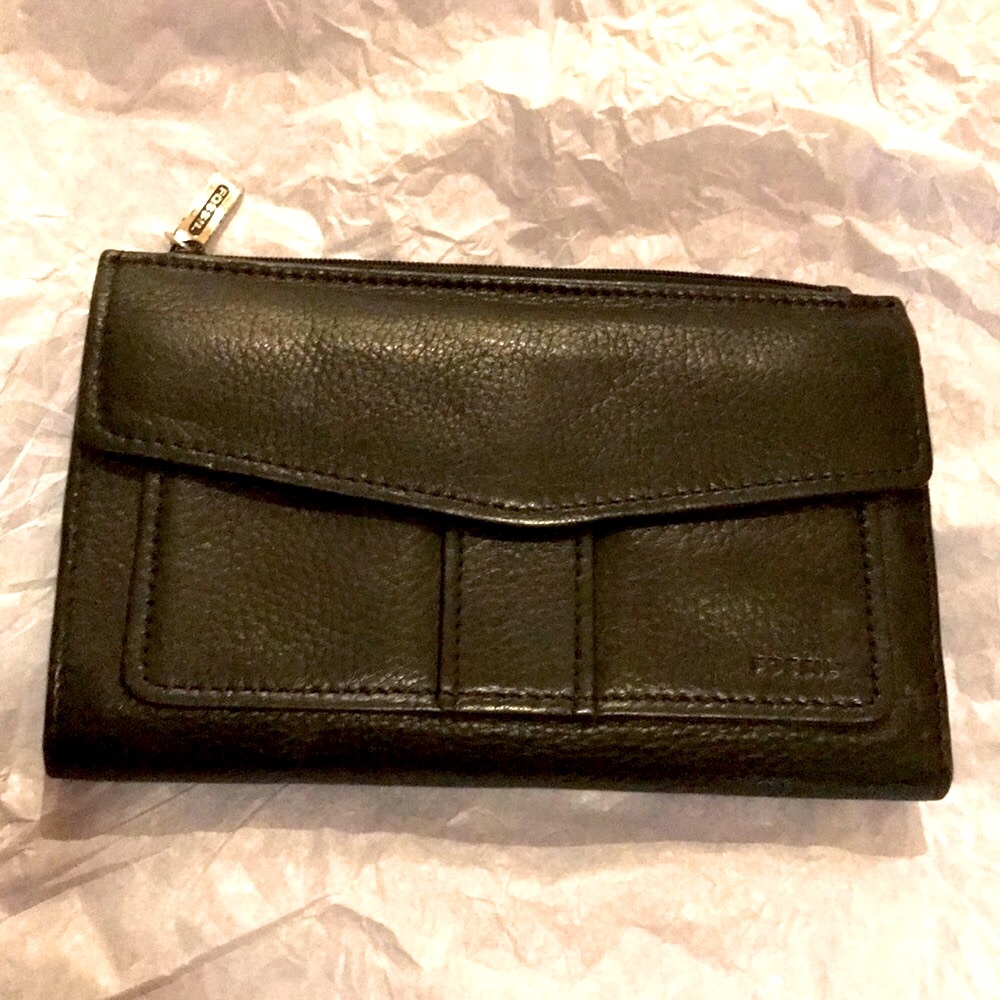 Fossil black pebbled leather zip double snap black leather checkbook wallet cell